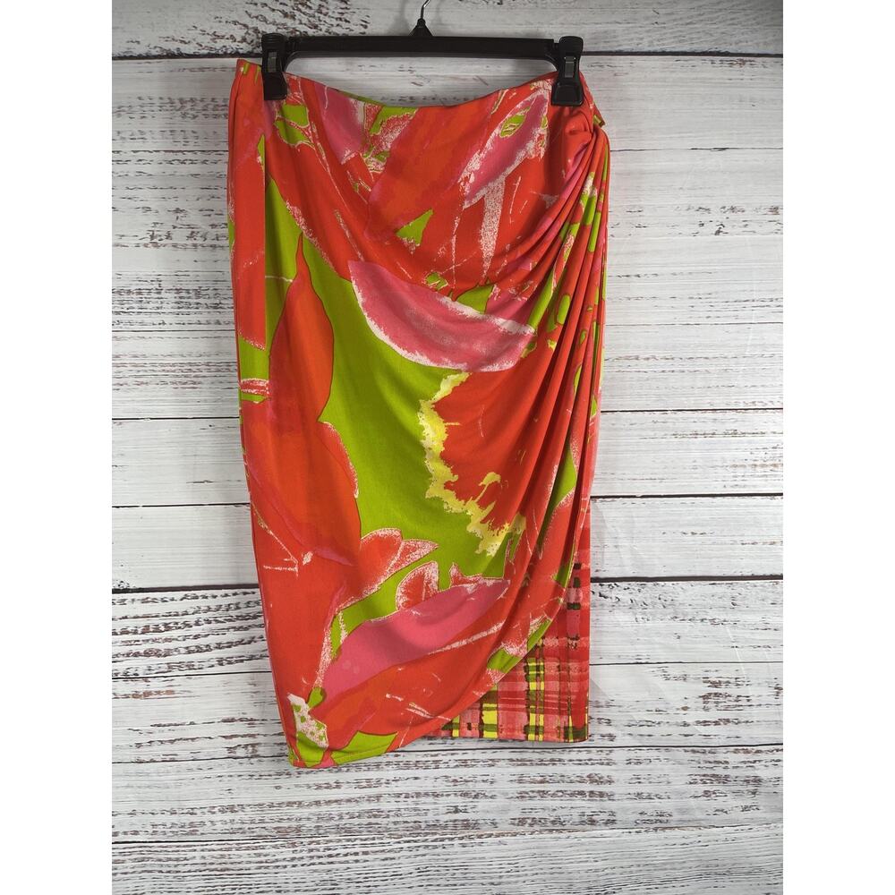 Josie Natori Skirt Women's SZ Large Red Green Floral Abstract Drape Ruched Midi
